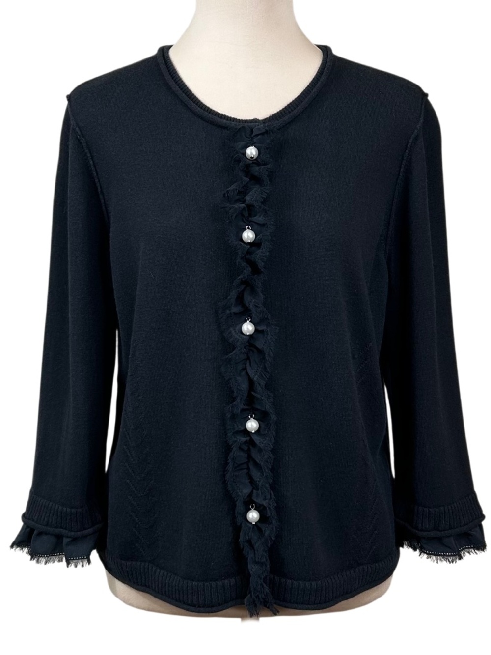St. John Black Cashmere Silk Blend Pearl Button Cardigan Sweater Size L
